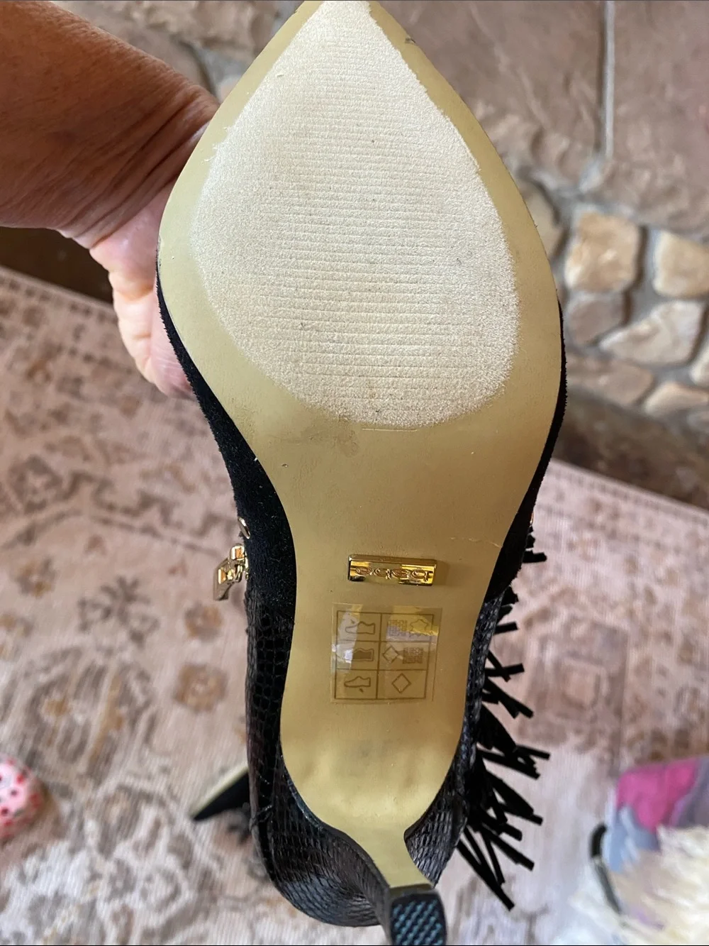 bebe Black Fringe & Gold-Stud Pointed Ankle Booties